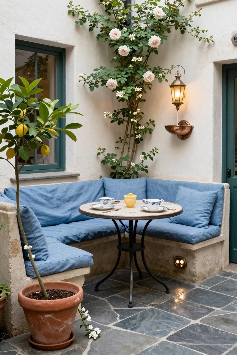 White stucco courtyard walls with climbing pink roses, a built-in blue cushioned L-shaped bench around a small round wooden table set with teacups, a potted lemon tree, copper wall fountain, lantern light, and slate tile floor.