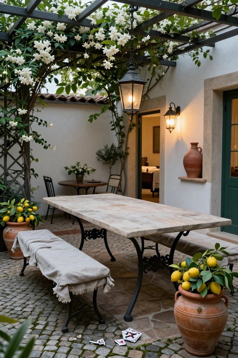A long weathered wood dining table with benches sits in a stone-paved courtyard under a black pergola covered in white jasmine vines, flanked by terracotta pots of lemons and lit by hanging lanterns.