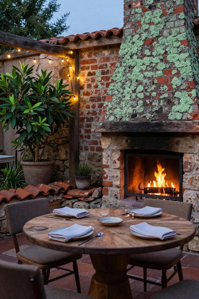 Outdoor courtyard with built-in stone fireplace burning wood logs, round wooden dining table set for four with white napkins and plates, potted plants, string lights on wooden beams, mossy brick chimney, and terracotta tile flooring.