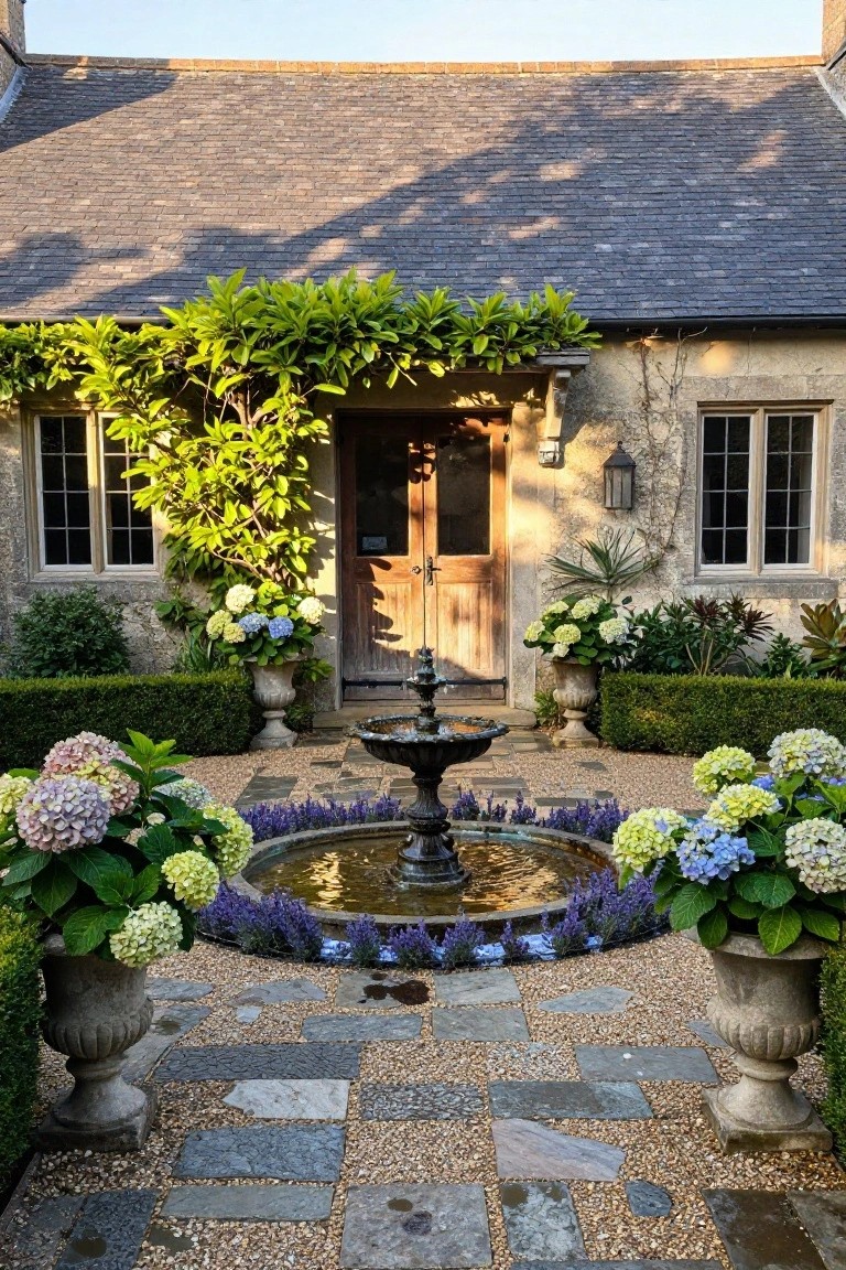 Stone house with wooden double doors and climbing greenery above the entrance, centered in a courtyard with a round stone fountain surrounded by lavender, hydrangeas in urns, boxwood hedges, and gravel paths on stone pavers.