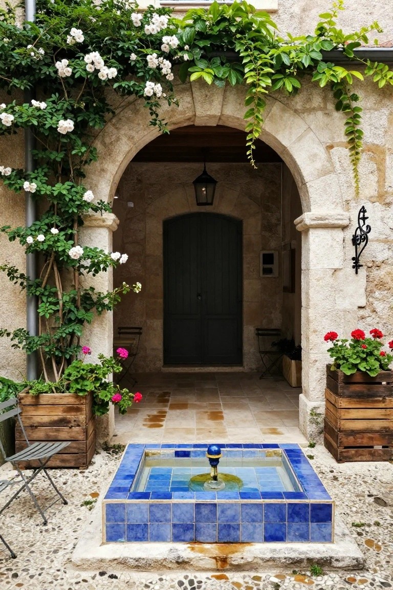 Stone archway entrance with dark green door, draped in green vines and white climbing roses, blue tiled fountain centered in gravel courtyard, wooden planters with red geraniums, and metal chairs nearby.