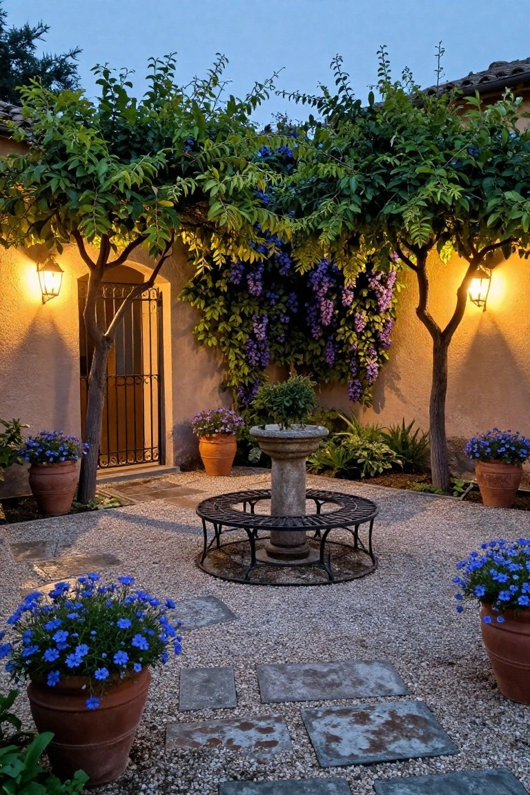 Walled courtyard at dusk with central stone pedestal fountain encircled by wrought-iron bench on gravel ground, terracotta pots of blue flowers, climbing purple wisteria on arched iron gate door, olive trees, and lit wall lanterns.