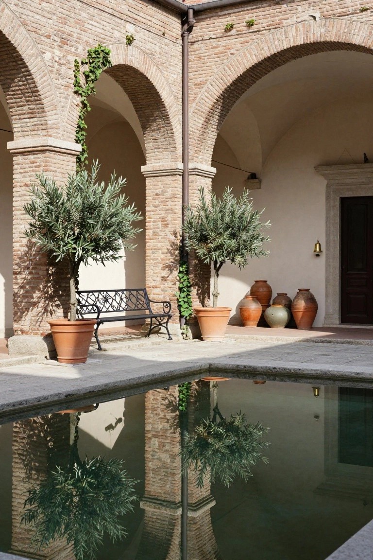Brick courtyard with arched walls, two potted olive trees, terracotta pots grouped near a door, black wrought-iron bench next to one tree, and rectangular reflecting pool in the center mirroring arches and plants.