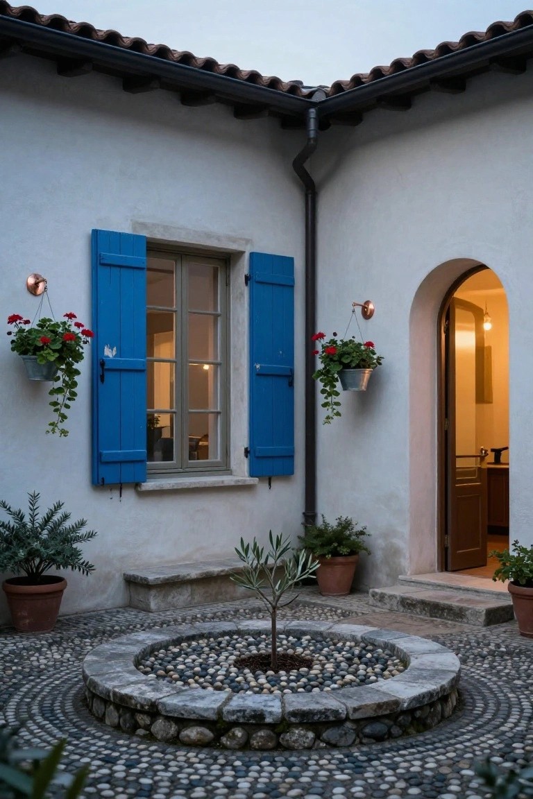 White stucco house corner with blue wooden shutters on a window with hanging geranium pots, arched wooden door, copper wall lights, potted plants including olive tree, stone bench, and central circular stone fountain basin filled with pebbles and small tree on pebble mosaic paved courtyard at dusk.