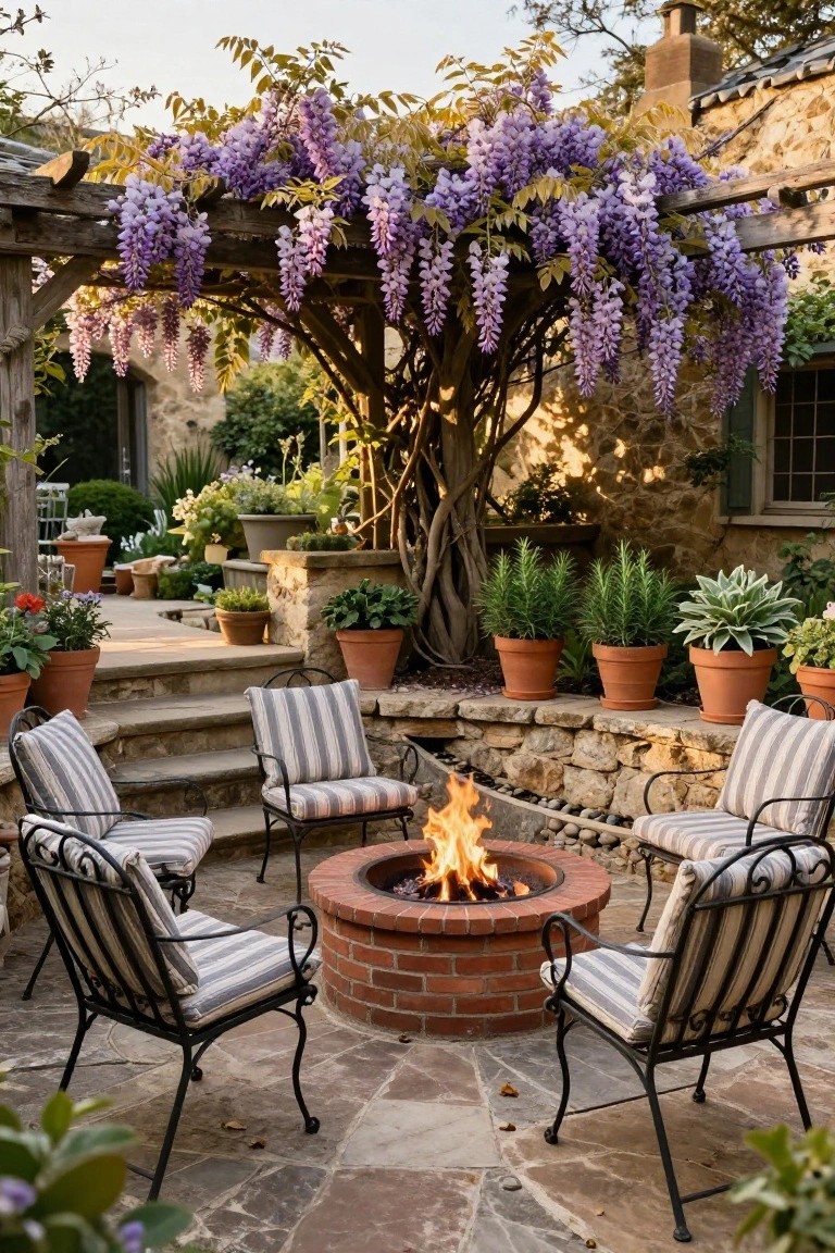 Stone courtyard patio featuring four wrought-iron chairs with striped cushions arranged around a lit circular brick fire pit, under a wooden pergola draped with purple wisteria flowers, with potted plants and garden beds along the walls.