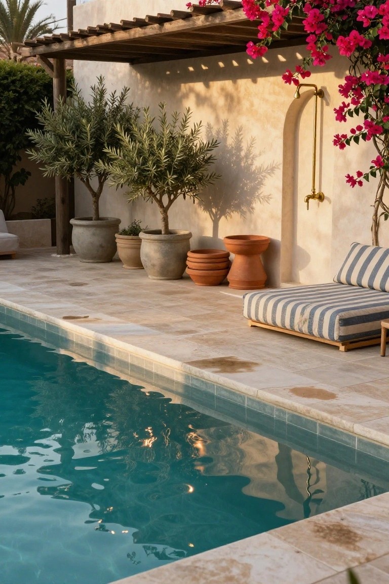 Beige stone pool deck with turquoise water, low white-framed daybed with blue and white striped cushions nearby, large terracotta pots holding olive trees, brass outdoor shower on textured wall with pink bougainvillea vines.