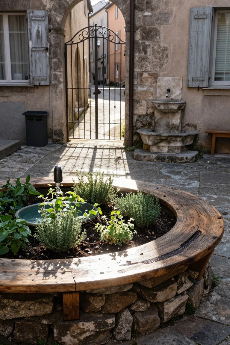 Stone-walled courtyard with arched wrought iron gate, stone fountain, circular wooden-rimmed herb planter bench, and potted plants on cobblestone paving.