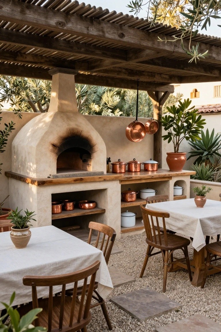Outdoor kitchen in a courtyard with a large curved clay wood-fired oven on a wooden counter, copper pots on shelves and hanging, wooden chairs at a linen-covered table, under a wooden pergola surrounded by plants and gravel ground.