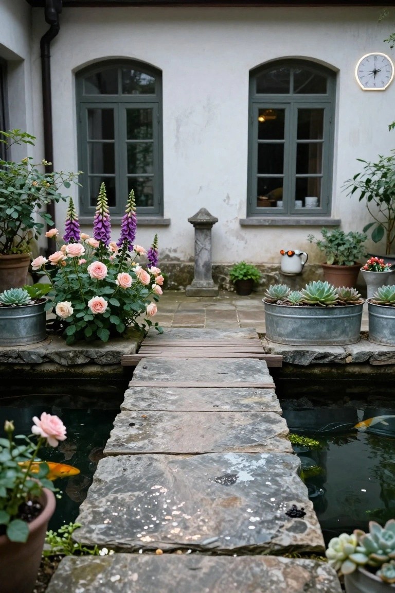 Narrow stone bridge spans a small koi pond in a courtyard with potted plants including roses, foxgloves, and succulents, backed by a white stucco house wall with arched green windows.