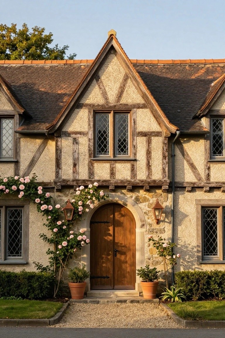 Front facade of a half-timbered house with a central arched stone entryway featuring a wooden door, pink climbing roses arching overhead, leaded glass windows, lanterns, and potted plants beside a gravel path.