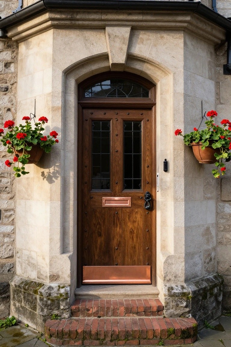 Close-up of a beige stone rounded bay with an arched wooden front door featuring dark wood panels and glass, flanked by two hanging terracotta pots overflowing with red geraniums, brick steps below, and copper letterbox and knocker.