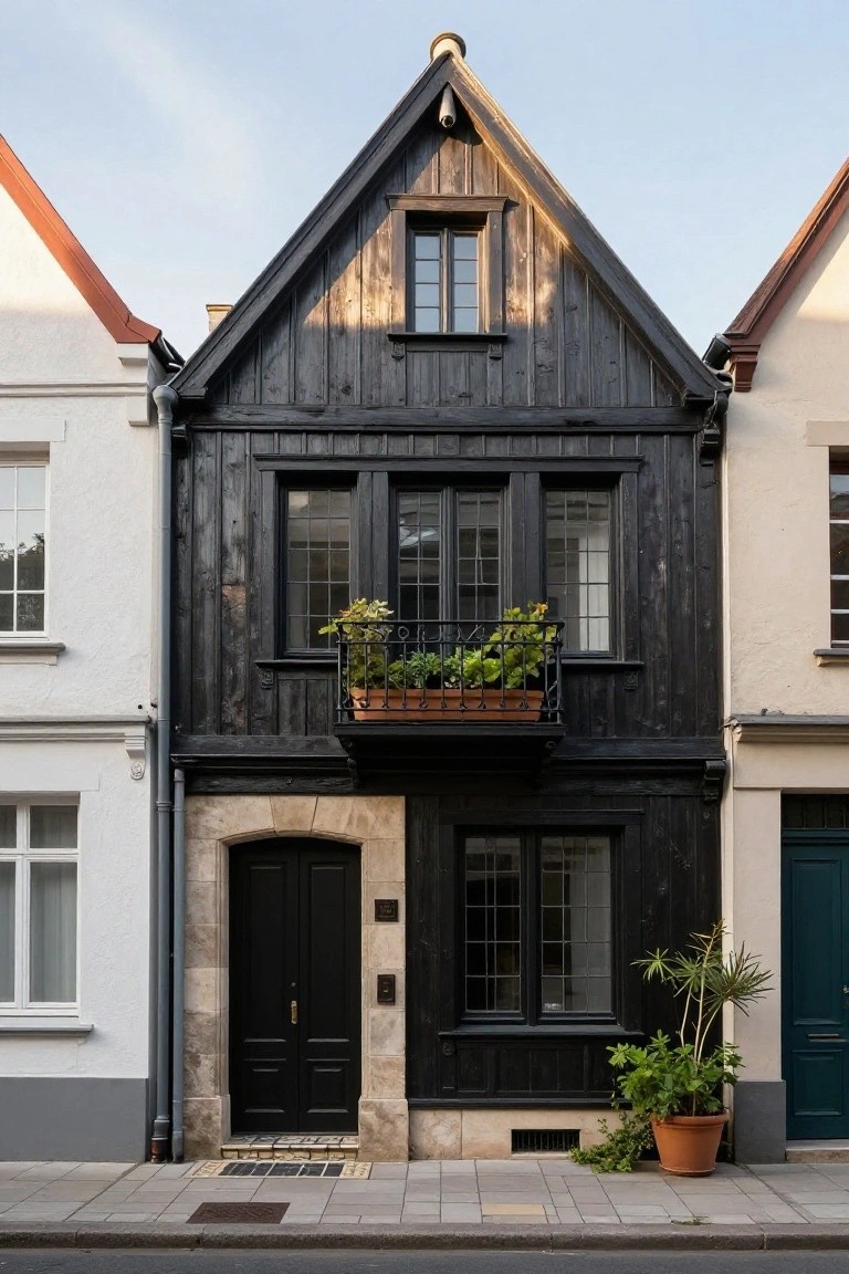 Narrow three-story townhouse with black vertical wood cladding, multi-pane windows, iron-railed balcony holding potted plants, arched stone entry with black double doors, flanked by white and light buildings on a paved street with potted plants nearby.