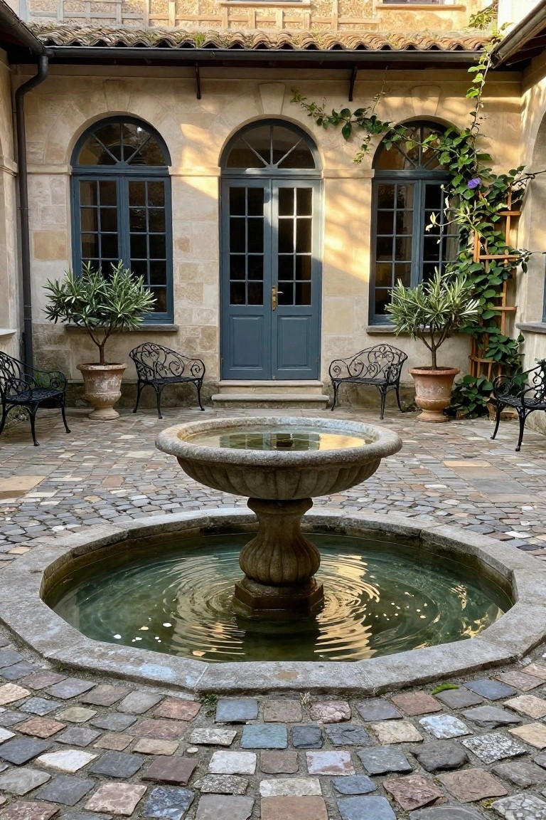 Stone fountain centered in a circular pebble-paved courtyard enclosed by beige stone walls with arched blue windows and doors, flanked by black wrought-iron chairs and large terracotta pots with olive trees.