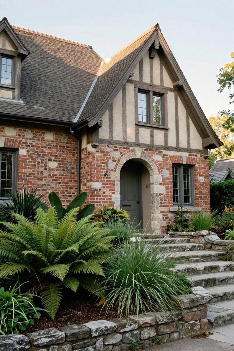 Front exterior of a French Tudor-style house with brick walls, timber framing, stucco accents, a stone-arched entry door, stone steps, and landscaped plants including ferns and grasses.