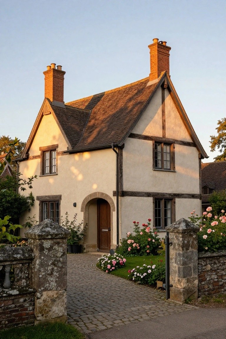 Charming cottage with stone chimneys, arched door, cobblestone path, and blooming rose garden.