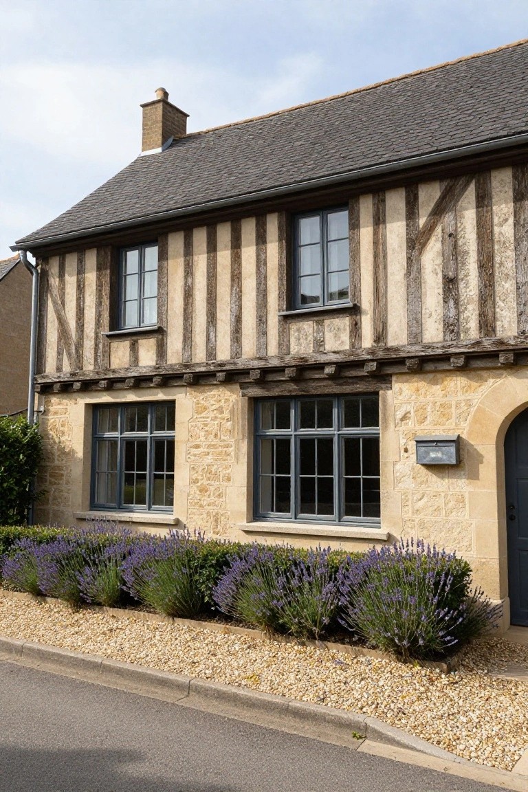 Two-story house exterior with dark timber framing on light beige stone walls, gray metal windows, brick chimney, arched blue front door, metal mailbox, and purple lavender shrubs along gravel garden edging beside a street.