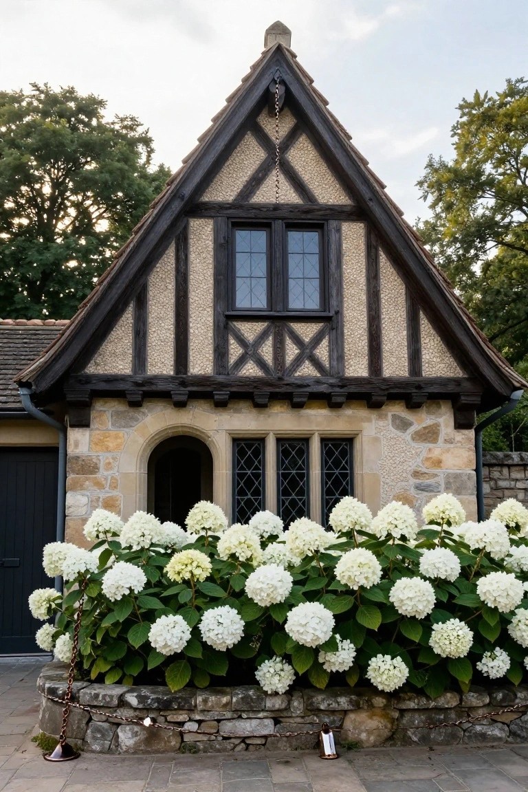 Small Tudor-style building with dark half-timber framing on light stucco walls, stone base, arched entry door with leaded windows, dark green garage door, and large white hydrangea bushes in front bordered by stone and chain.