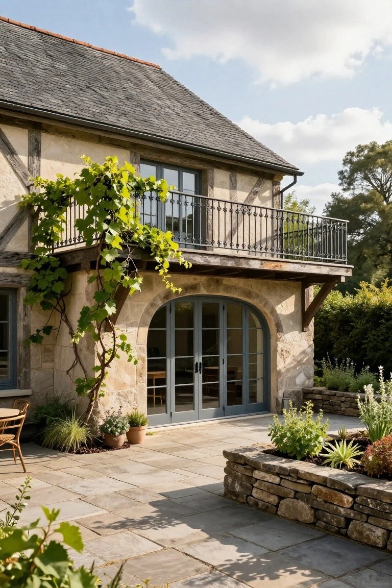 Exterior of a stone and timber-framed house with slate roof, wrought-iron balcony draped in green climbing vines, arched blue double doors opening to a stone patio with potted plants, raised stone planters, and a chair.