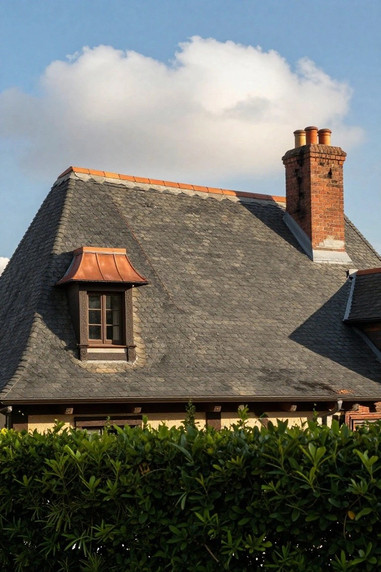 Steep slate-shingled roof of a house with a wooden dormer window under a copper awning, brick chimneys, and tall green hedge in the foreground.