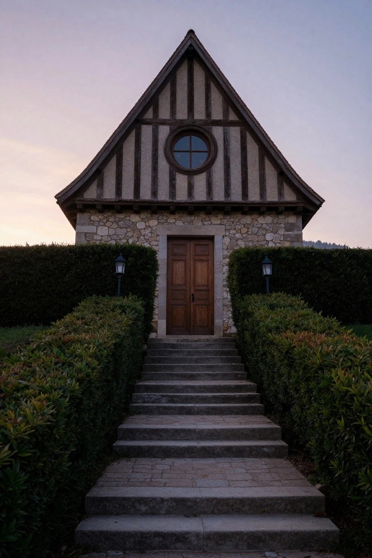 Small gabled building with half-timbered upper facade, stone base, round window, central wooden double door up centered stone steps flanked by tall hedges and lanterns.
