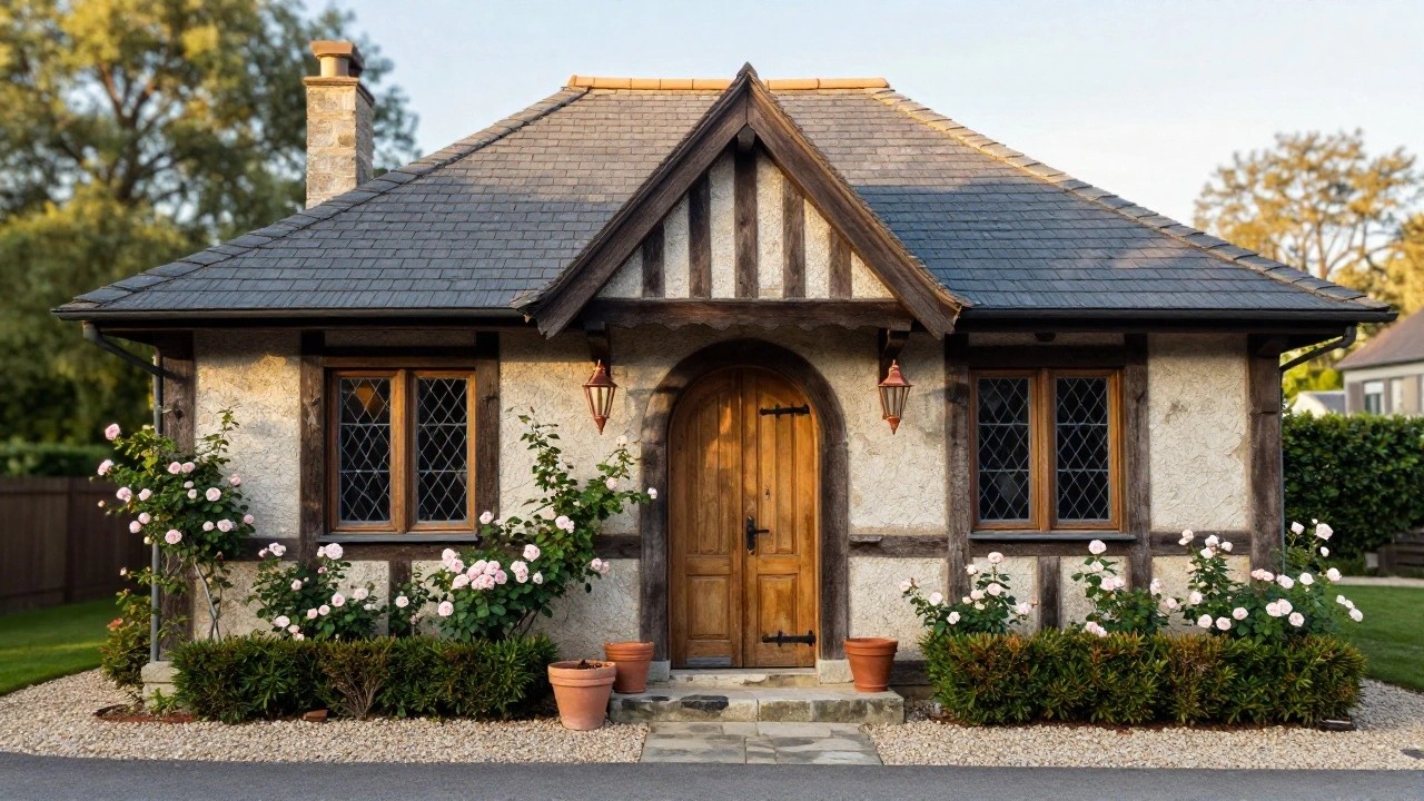 Front facade of a half-timbered house with a central arched stone entryway featuring a wooden door, pink climbing roses arching overhead, leaded glass windows, lanterns, and potted plants beside a gravel path.