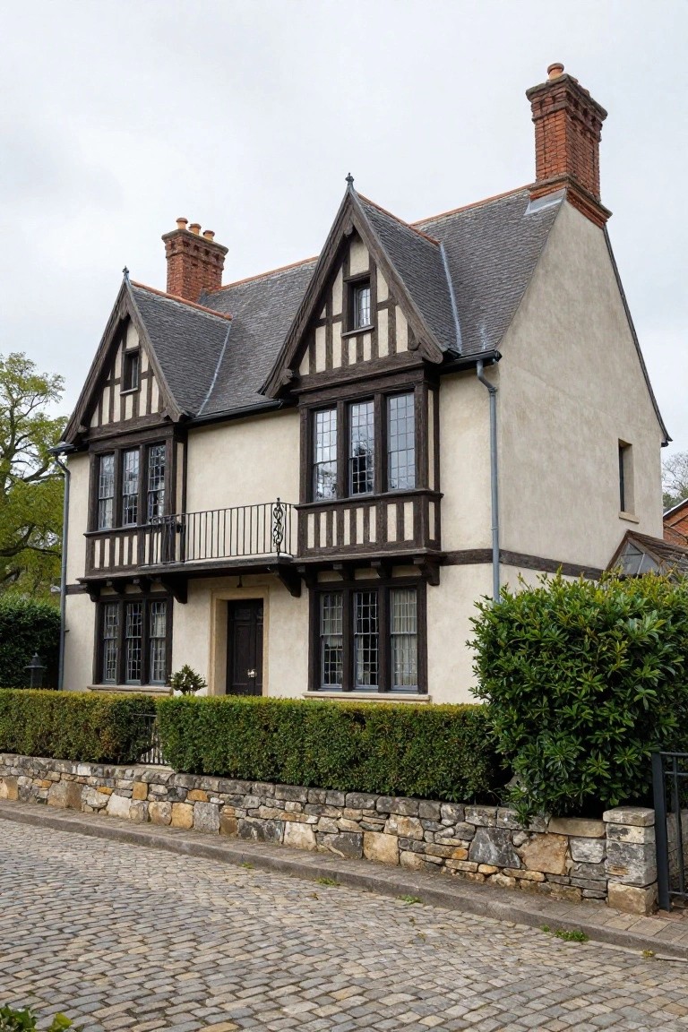 Two-story house with dark timber framing on light stucco walls, slate roof, brick chimneys, balcony, hedges, stone wall, and iron gate on a cobblestone street.