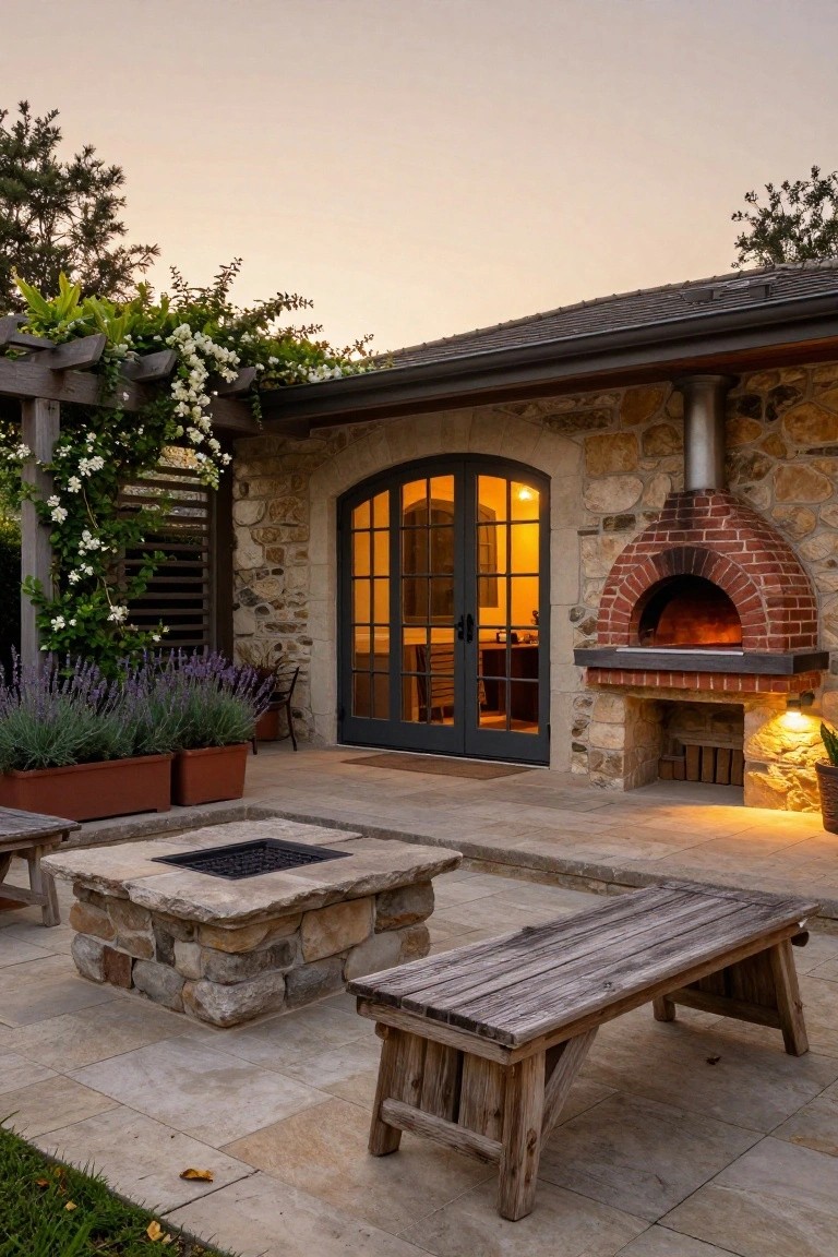 Stone patio at dusk featuring a lit brick pizza oven built into a stone wall, arched black French doors, a stone fire pit, wooden benches, lavender planters, and climbing vines on a pergola.