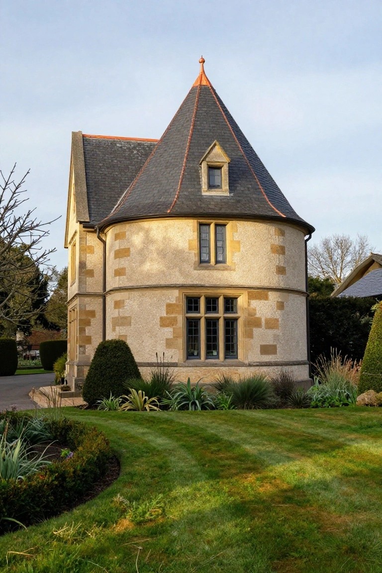 Beige stone house with curved turret topped by conical dark slate roof and red ridge tiles, flanked by tall multipane windows, evergreen shrubs, and mowed lawn.