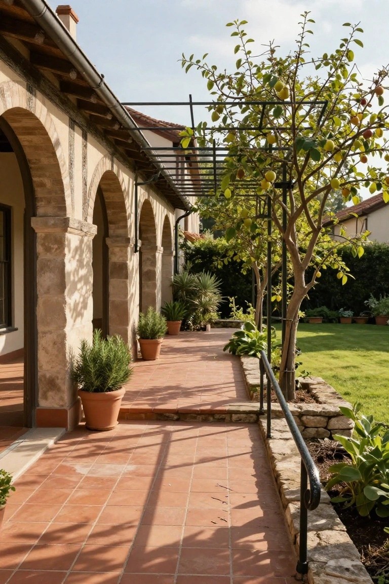 Side exterior of a beige stucco house featuring multiple stone arches over a terracotta tiled walkway with potted rosemary plants, a citrus tree on a metal trellis beside a stone wall and green lawn.