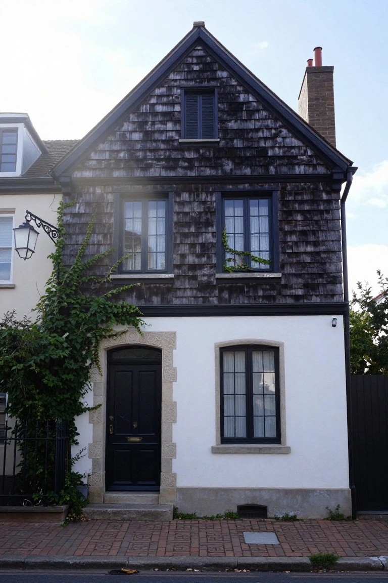 Front view of a narrow two-story house with dark shingled upper facade and gabled roof, white stucco base, arched stone entry door, black windows, climbing ivy on left side, street lantern, and brick sidewalk.