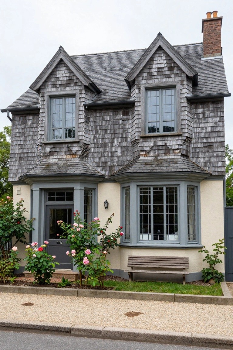 Two-story house exterior with dark gray shingle siding on gabled upper sections and roof, cream stucco on lower walls and bay window entryway, wooden bench beside the gray front door, pink rose bushes, and gravel path in front.