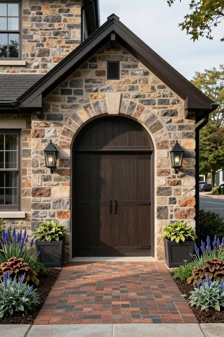 Stone facade of a house with an arched dark wooden double door entrance, flanked by black lanterns, potted plants on either side, and a brick pathway leading to it.