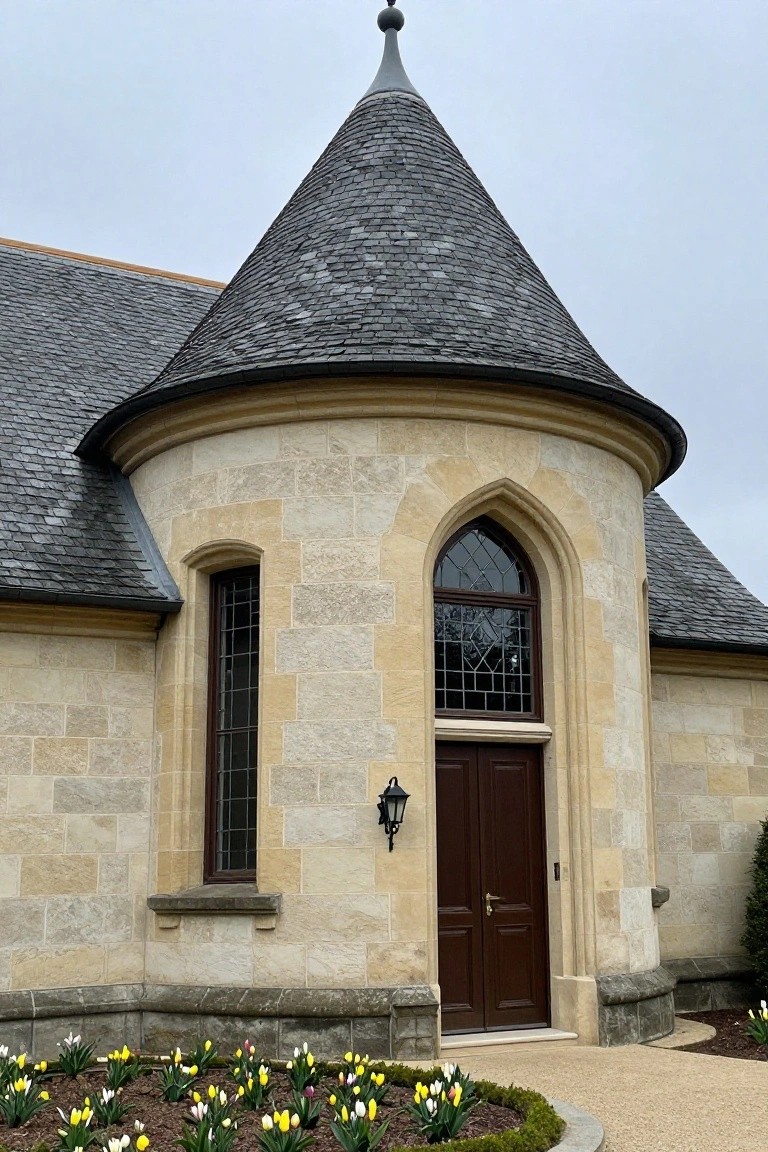 Beige stone turret on a house exterior with conical slate roof, arched leaded glass window, wooden double door, lantern light, and tulip flower beds along the front path.