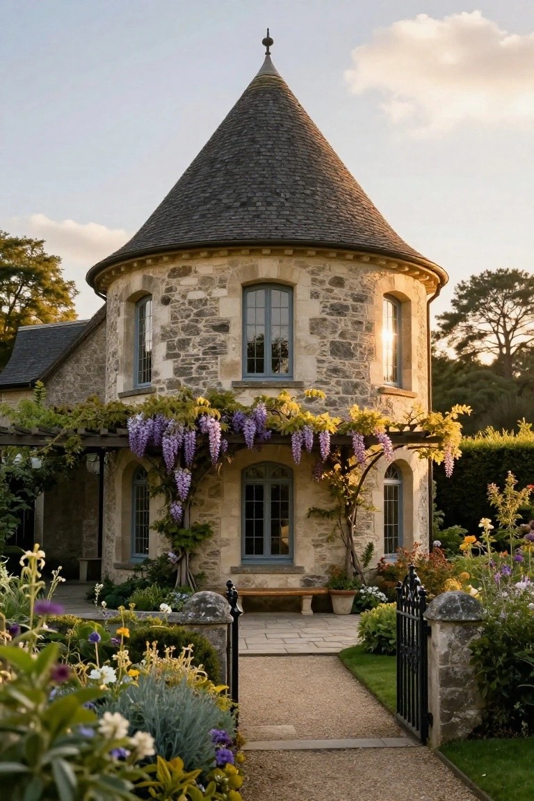 Round stone tower structure with conical dark slate roof, blue-framed arched windows, purple wisteria vines on pergola over entry door, surrounded by flower garden, black iron gate, and gravel path.