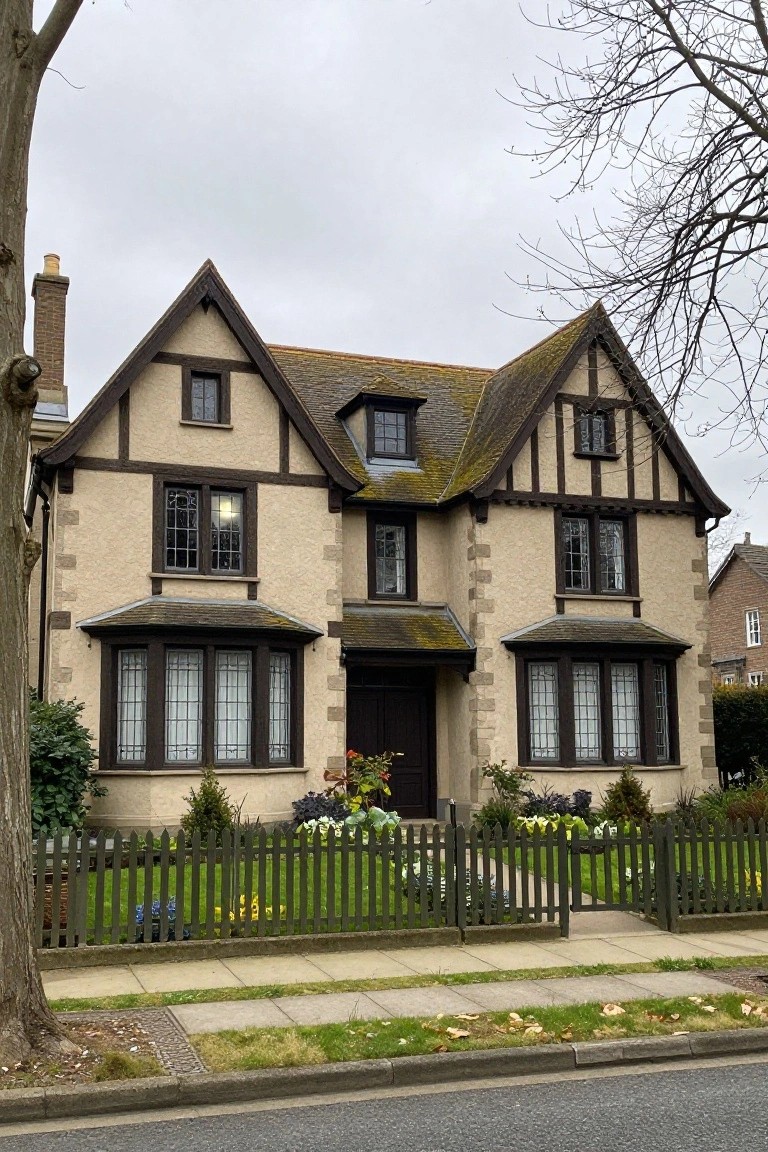 Two-story house exterior in beige stucco with dark half-timbering, steep gabled roof with moss, bay windows, front door, picket fence, and small garden.