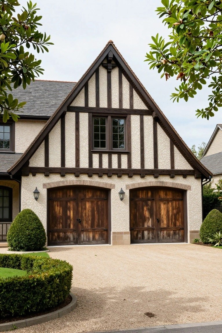 French Tudor house exterior with dark half-timbered gable and walls over beige stucco, arched wooden garage doors, lanterns, boxwood shrubs, and gravel driveway.
