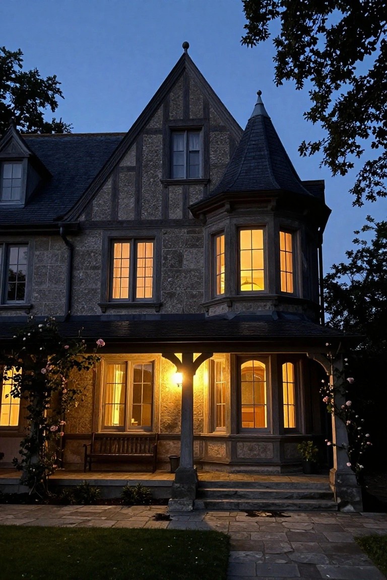 Twilight photo of a stone French Tudor house exterior with half-timbering, a turret, covered porch featuring a wooden bench, lantern light, climbing roses on columns, and warm interior window glow.