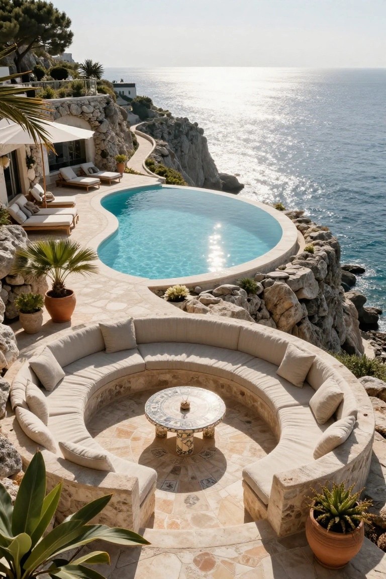 Curved infinity-edge pool on a stone terrace built into a rocky cliff overlooking the sea, with beige curved sofa seating, mosaic table, potted plants, and lounge chairs nearby.