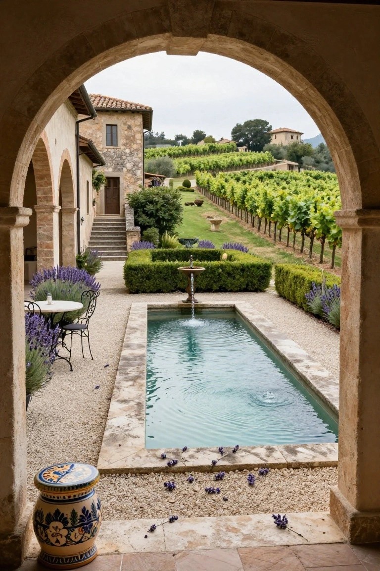 Stone archway framing a narrow rectangular turquoise pool with fountain in a gravel courtyard, white bistro table and black iron chairs beside purple lavender plants and green boxwood hedges, vineyard-covered hills in the background.