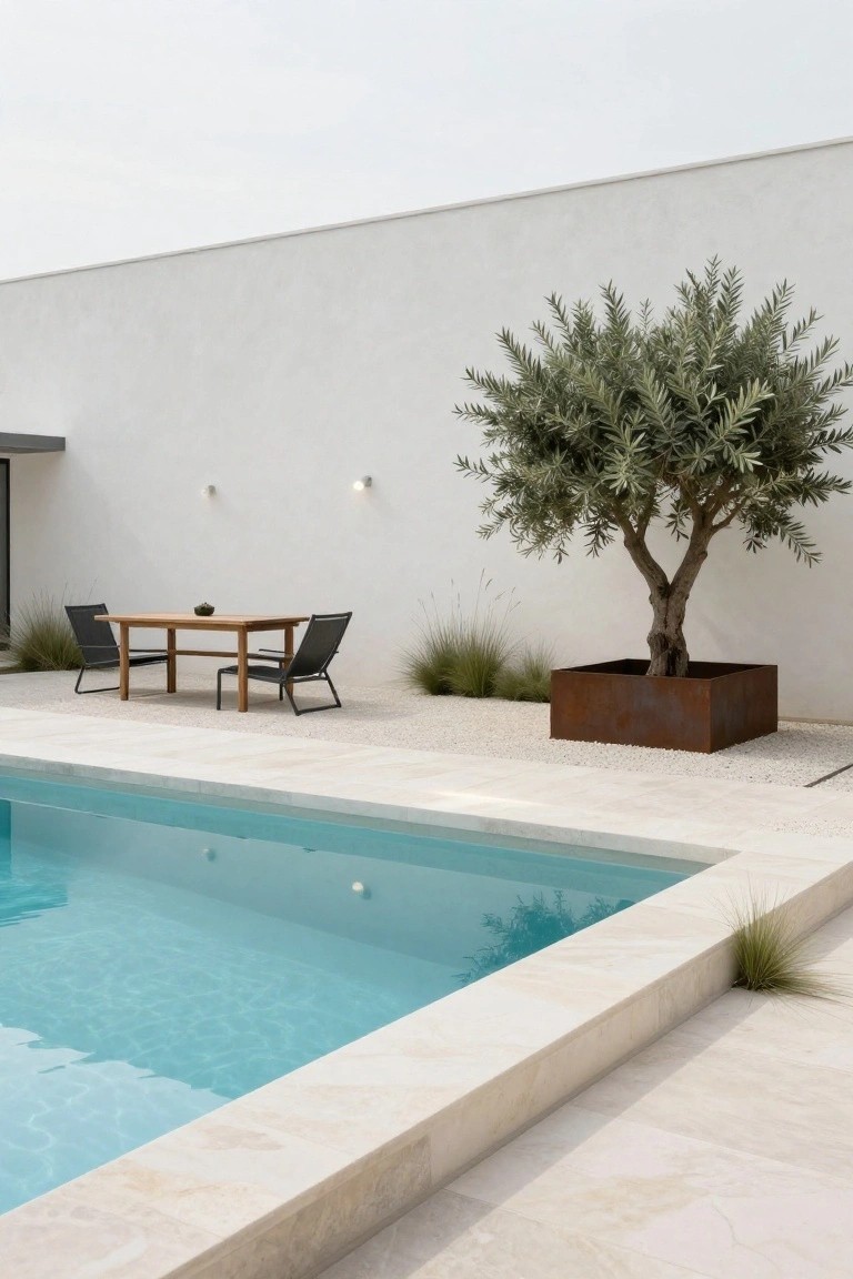 Outdoor pool terrace with turquoise water edged in white stone, gravel ground, wooden dining table and black mesh chairs near white wall, large olive tree in square rusted metal planter, and sparse grasses.