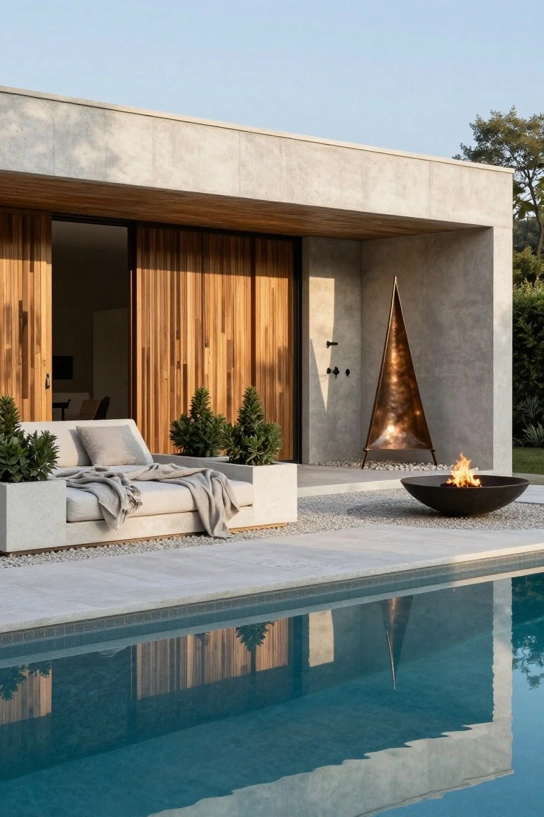 Modern concrete and wood house exterior with open sliding doors, outdoor white sofa in planters with small trees and throw blanket, copper triangular fire sculpture, black round fire pit on pebbles, and edge of blue swimming pool.