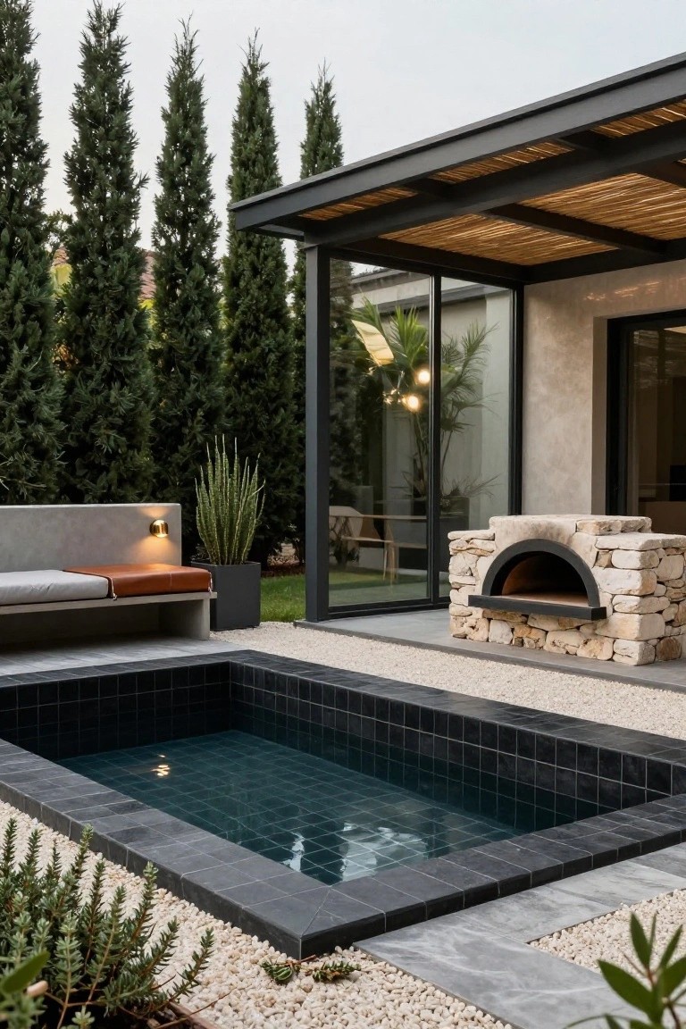 Small rectangular plunge pool with black tiles and clear water, next to a stone pizza oven on a gravel patio, concrete bench with orange cushions, potted plants, tall cypress trees, and a covered terrace with glass doors on a modern house.