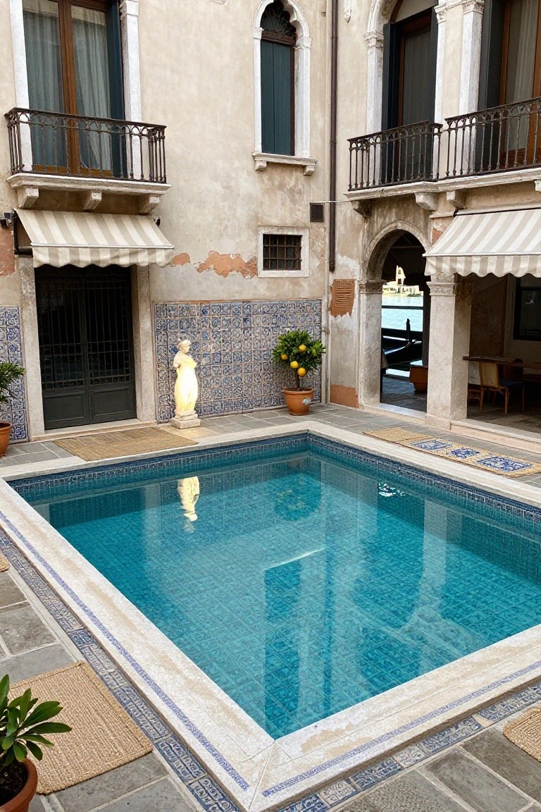 Small rectangular turquoise-tiled pool in a stone-paved courtyard of a beige stucco Venetian building with arched doorways, blue tiled walls, potted lemon tree, illuminated female statue, awnings, and canal view.