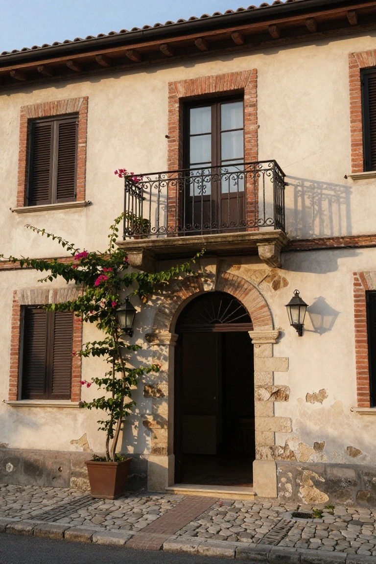 Beige stucco two-story house exterior with terracotta tile roof, brick window surrounds and shutters, wrought iron balcony with plants, climbing bougainvillea, stone arched entry with lanterns, potted bougainvillea, and cobblestone pavement.