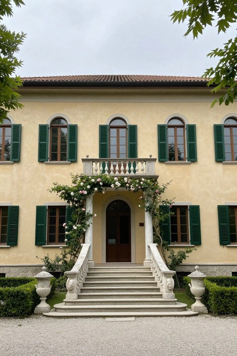 A two-story pale yellow stucco Italian villa with green shutters and arched windows, featuring a central arched wooden entry door framed by pink climbing roses on stone columns and balustrade, white marble stairs flanked by stone urns, and a gravel driveway.