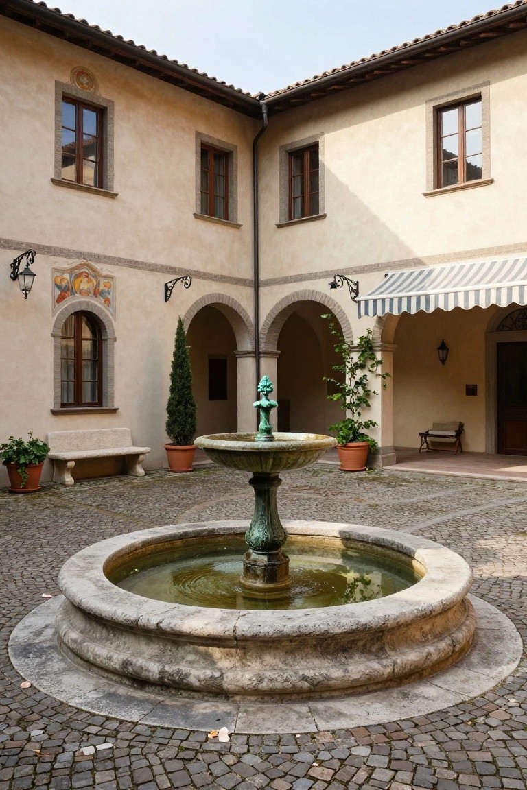 Paved courtyard in a beige stucco villa with a central green patinated fountain, stone benches, potted plants, cypress trees, and arched doorways under a striped awning.