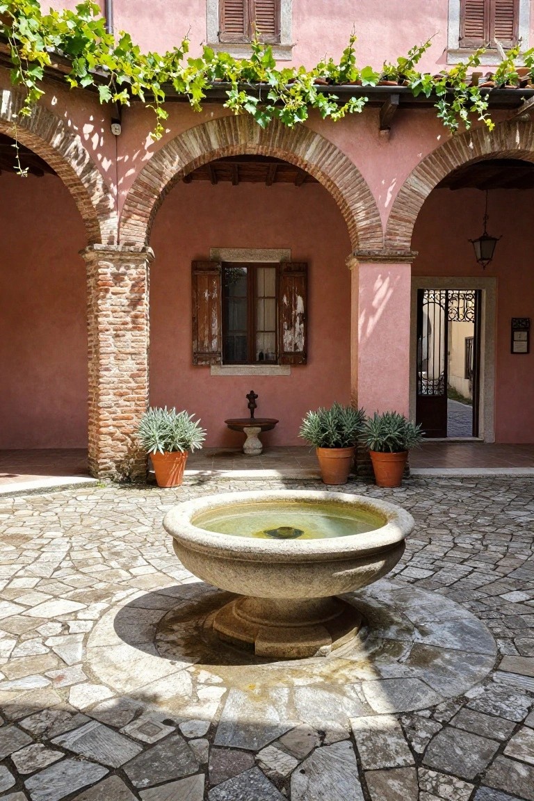 Pink stucco courtyard enclosed by brick arches, featuring a central circular stone fountain, potted silver-leaf plants, lavender pots, and ivy vines overhead on terracotta roof tiles.