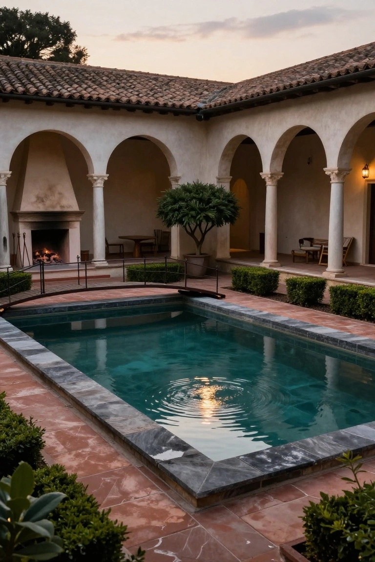 Turquoise rectangular pool in a white stucco courtyard with arched colonnades, outdoor fireplace, potted tree, chairs, boxwood hedges, and iron bridge at dusk.
