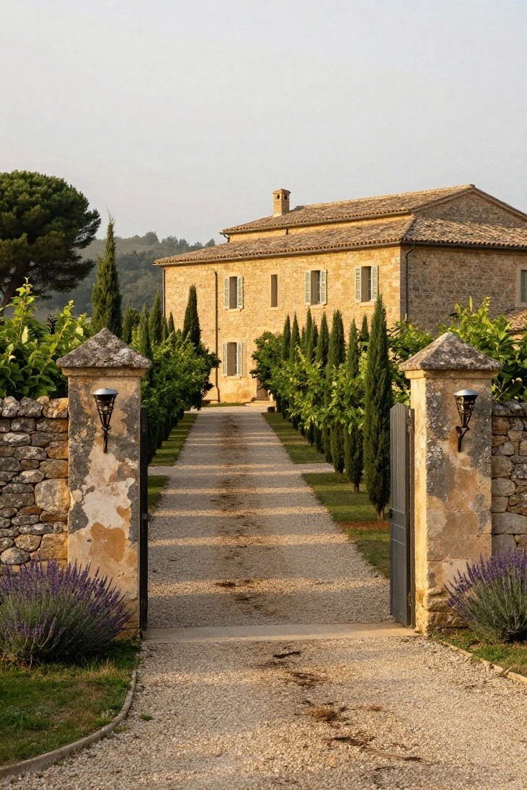Gravel driveway lined with rows of tall cypress trees and citrus trees passes between stone pillars topped with lanterns and an open wooden gate, leading toward a beige stone villa house with terracotta roof.