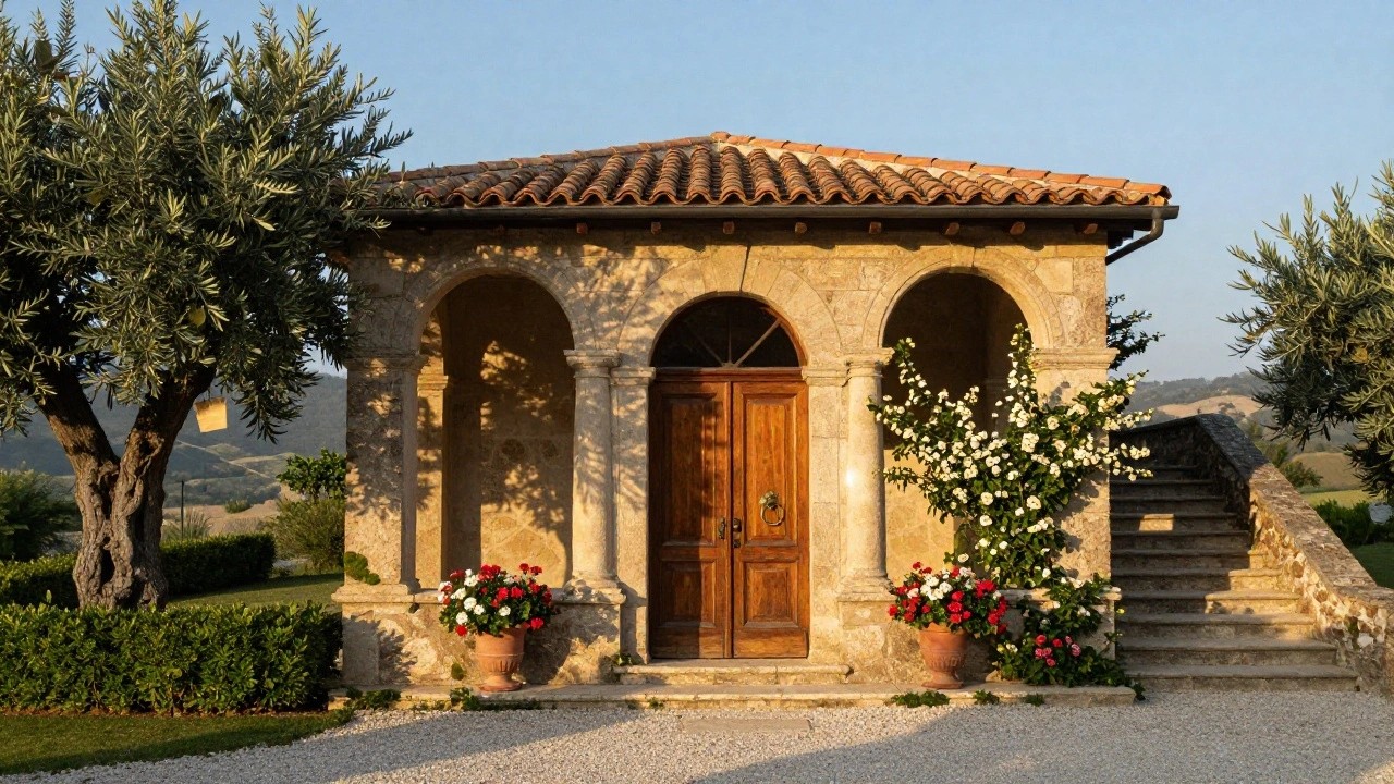 Stone villa exterior with terracotta tile roof, arched wooden double doors, flanking olive trees, climbing white roses on one side, terracotta pots of red geraniums by steps, and gravel driveway.
